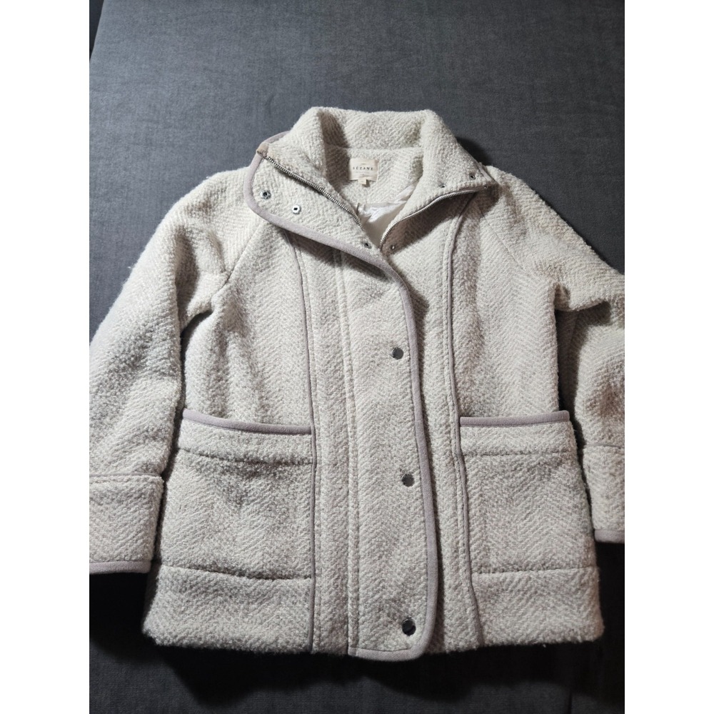 Sézane Jacket Womens Size 34 Wool Blend Bouclé Cream Sherpa Style Zip Snap Coat